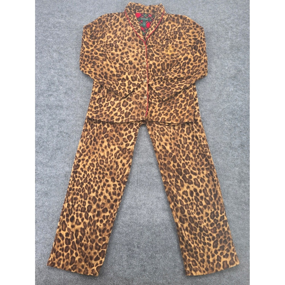 Lauren Ralph Lauren Womens Leopard Fleece Pajama Set Brown Animal Print Medium